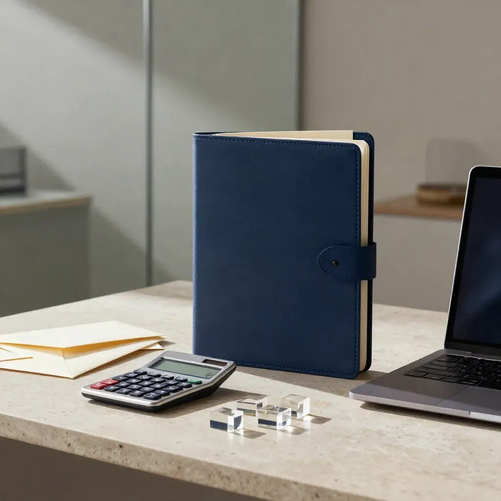 Carpeta de tesorería azul marino, sobres y calculadora sobre oficina luminosa.