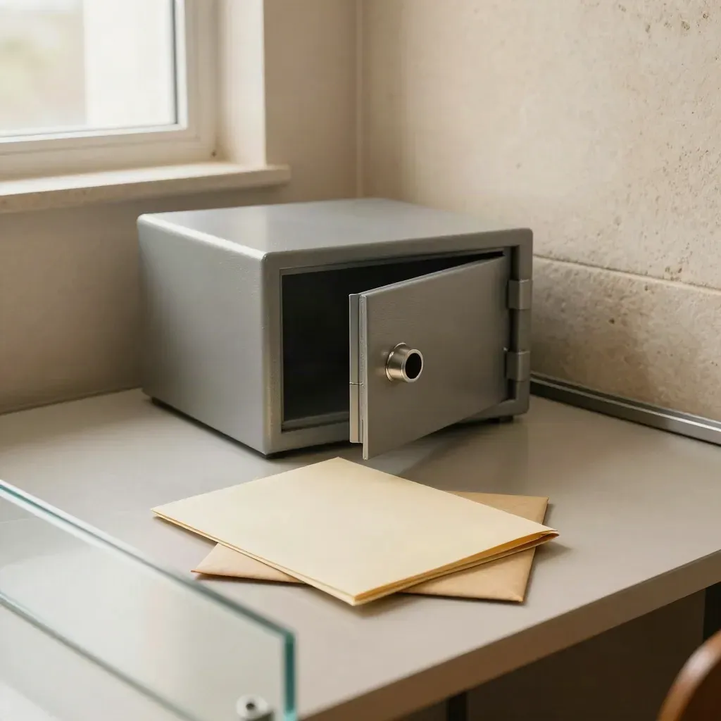 Sala de crédito vacía con caja fuerte baja, carpeta cerrada y sobres sobre mesa clara.