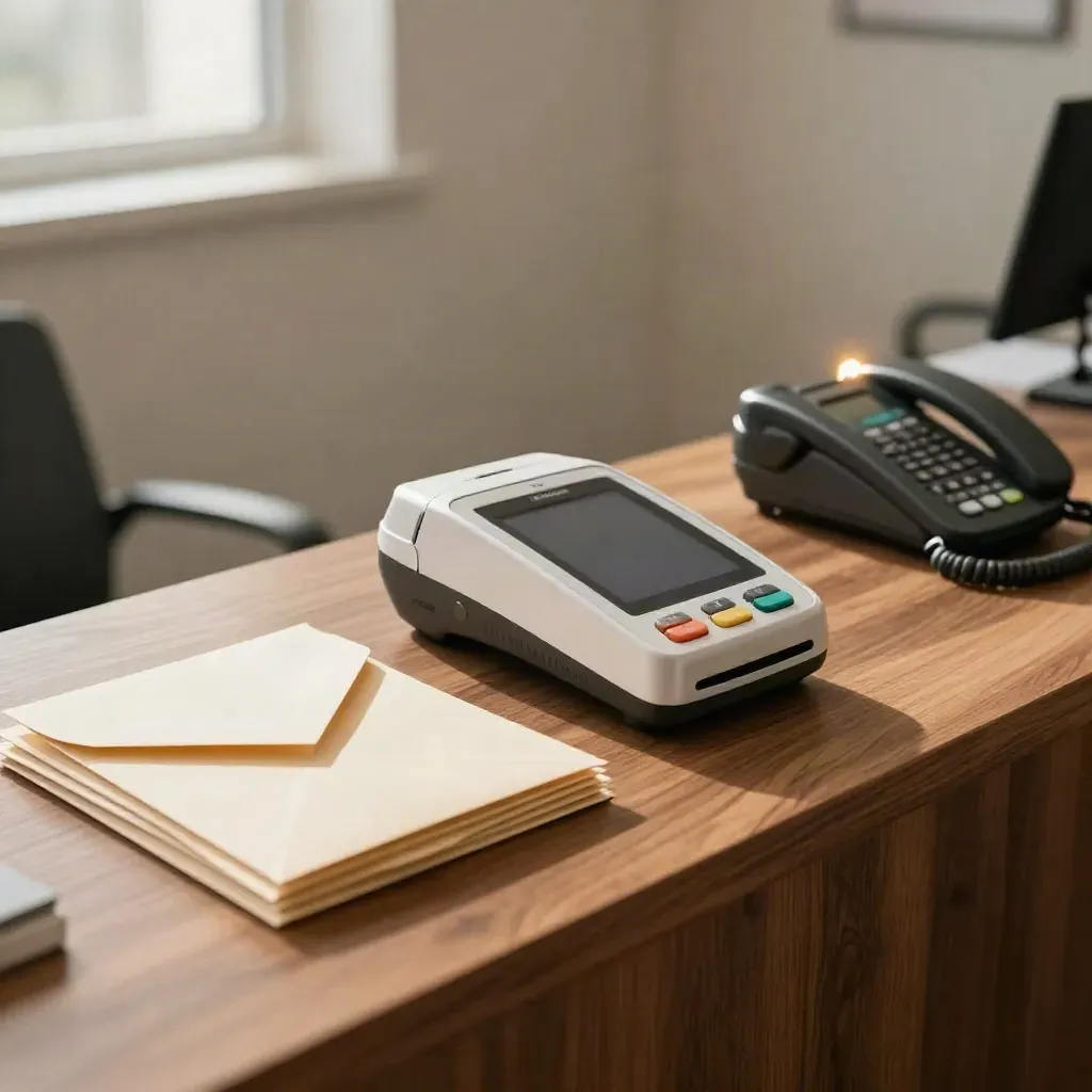 Mostrador limpio con terminal apagado, sobres de clientes y teléfono en una oficina financiera luminosa.
