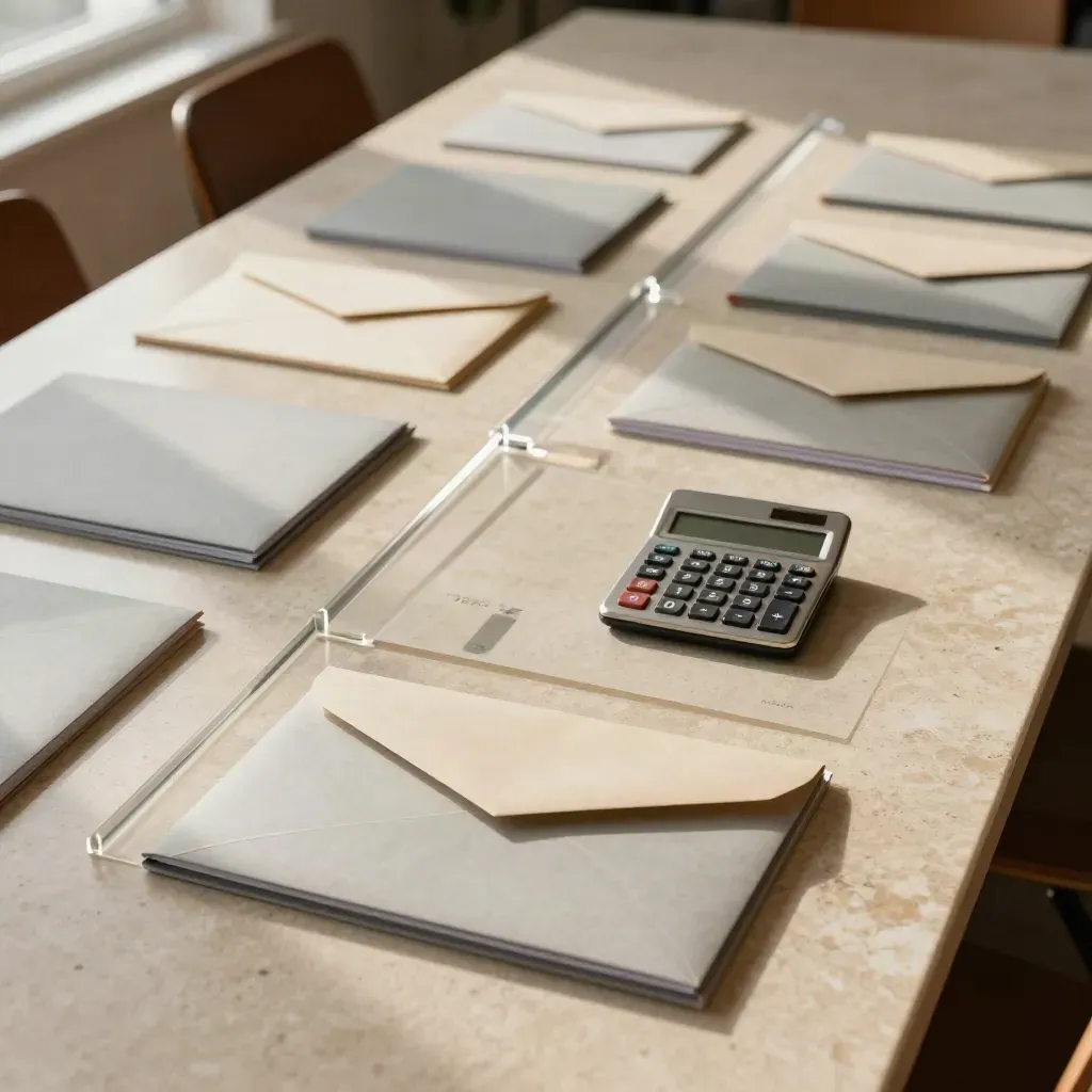 Vista cenital de carpetas semanales, sobres sellados, separadores acrílicos y calculadora metálica.