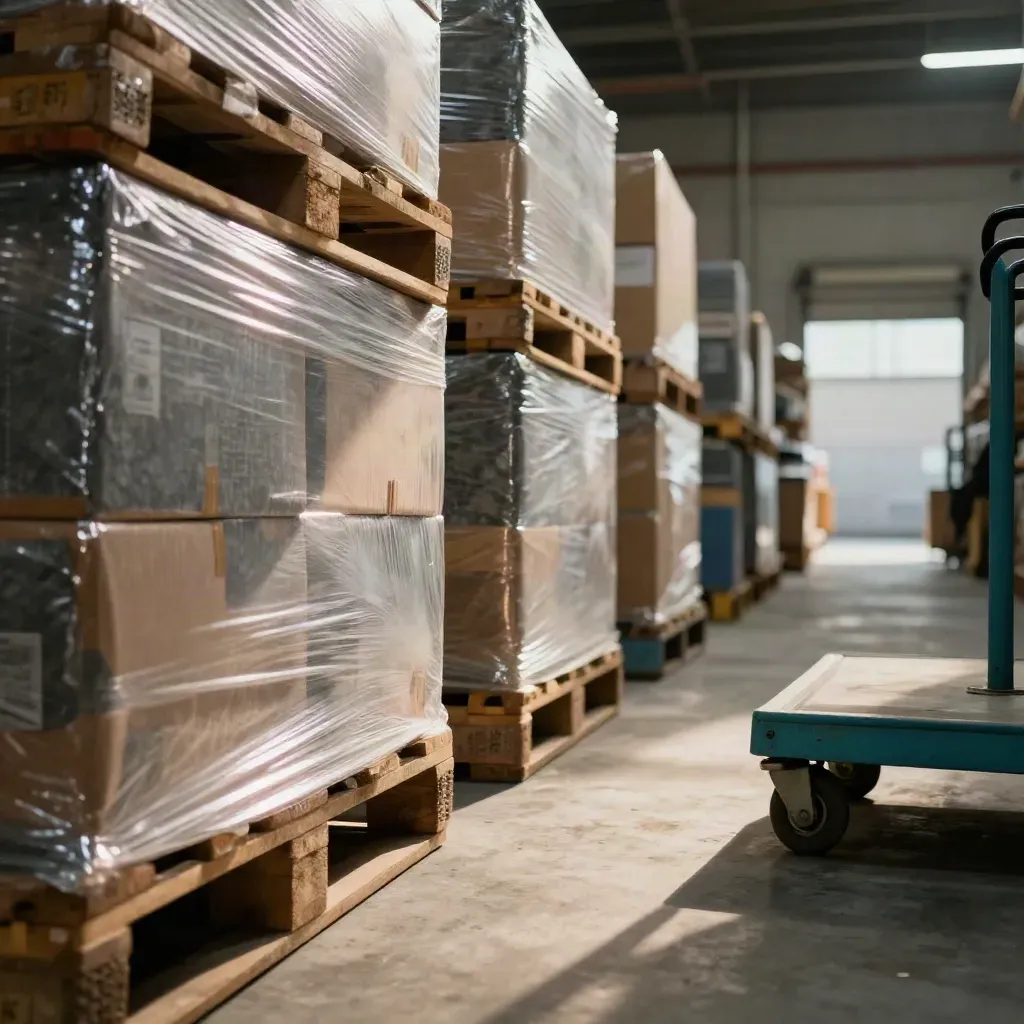 Pasillo industrial con palés envueltos, cajas apiladas y carro verde azulado en luz dramática.