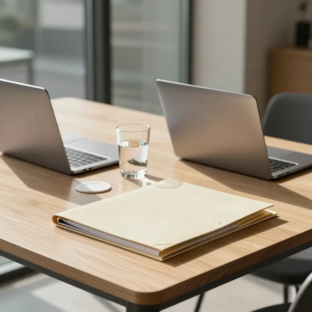 Dos portátiles cerrados y carpetas sobre una mesa de reunión junto a un cristal.