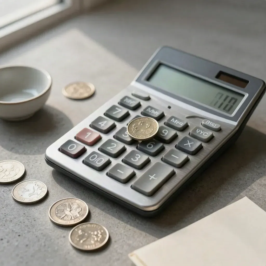Calculadora metálica, monedas y cuenco cerámico sobre piedra clara, vista cenital minimalista.