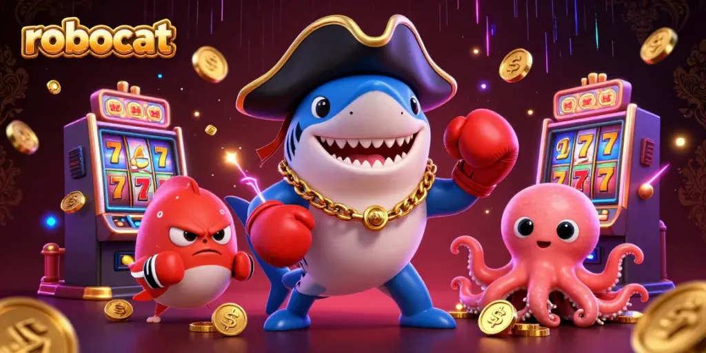 robocat characters celebrate casino wins with colorful slot machines in this vibrant illustration.
