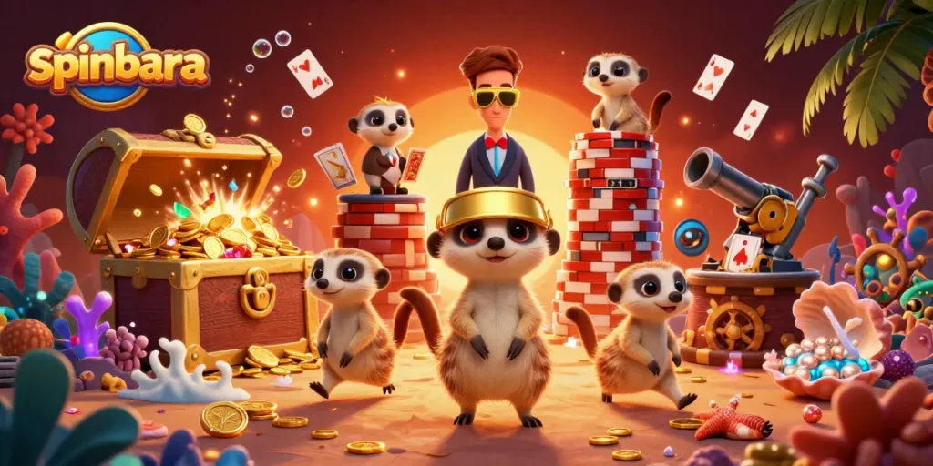 Engage in excitement at Spinbara Casino with colorful meerkats managing chip towers and games.