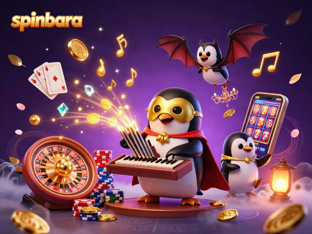 Spinbara casino illustration featuring a penguin playing an organ, surrounded by golden coins and vibrant gaming elements.